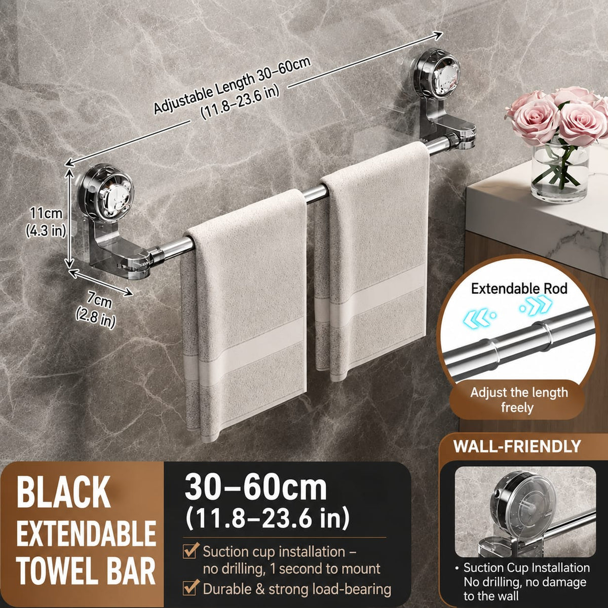 Adjustable Suction Cup Towel Bar, No-Drill Stainless Steel Towel Rack, Extendable 30–130 cm, Heavy-Duty Wall-Mounted Towel Holder for Bathroom & Kitchen