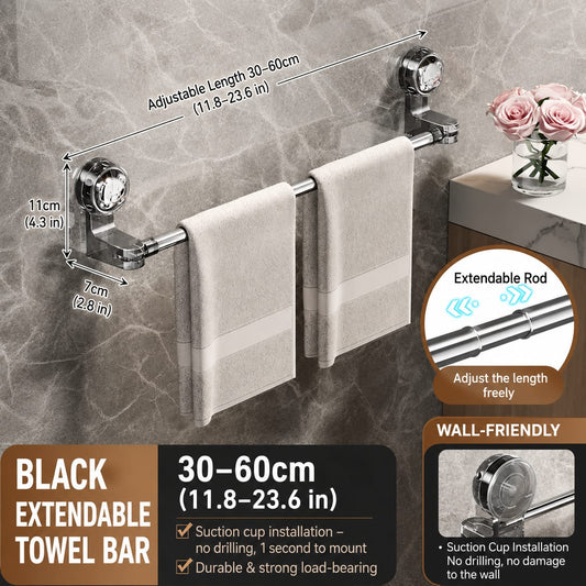 Adjustable Suction Cup Towel Bar, No-Drill Stainless Steel Towel Rack, Extendable 30–130 cm, Heavy-Duty Wall-Mounted Towel Holder for Bathroom & Kitchen