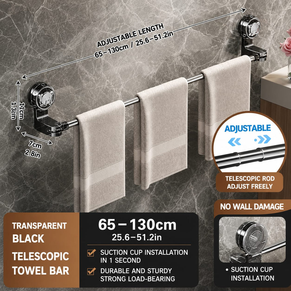 Adjustable Suction Cup Towel Bar, No-Drill Stainless Steel Towel Rack, Extendable 30–130 cm, Heavy-Duty Wall-Mounted Towel Holder for Bathroom & Kitchen