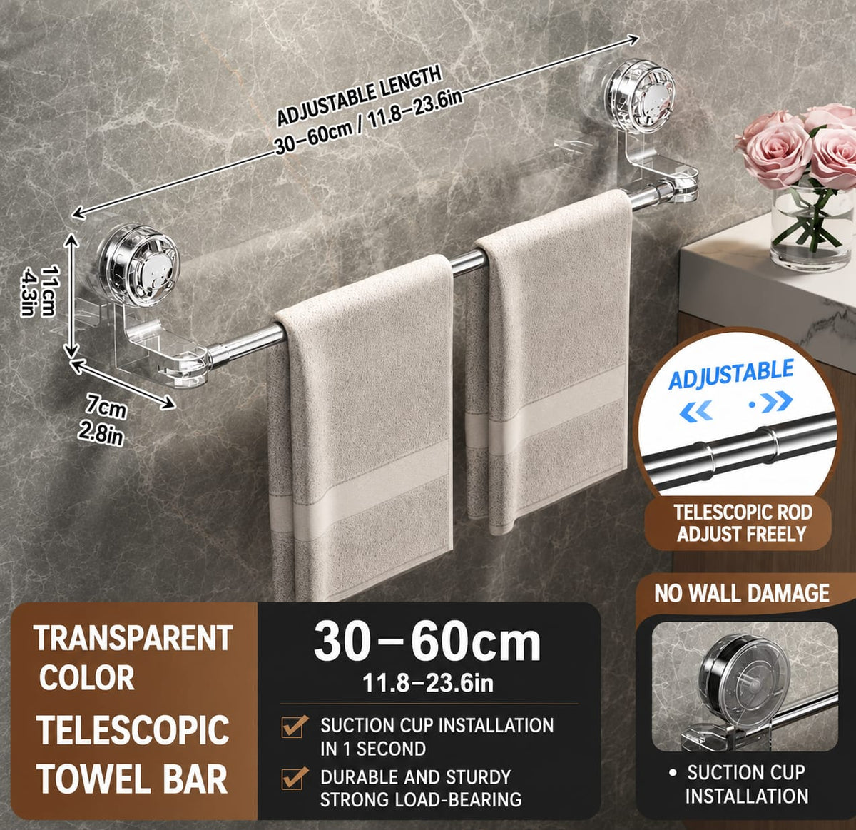 Adjustable Suction Cup Towel Bar, No-Drill Stainless Steel Towel Rack, Extendable 30–130 cm, Heavy-Duty Wall-Mounted Towel Holder for Bathroom & Kitchen
