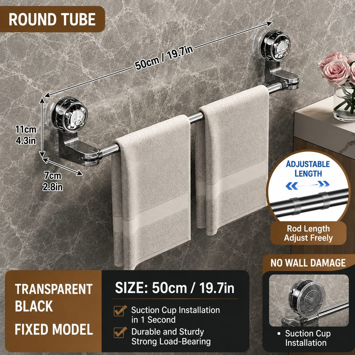 Adjustable Suction Cup Towel Bar, No-Drill Stainless Steel Towel Rack, Extendable 30–130 cm, Heavy-Duty Wall-Mounted Towel Holder for Bathroom & Kitchen